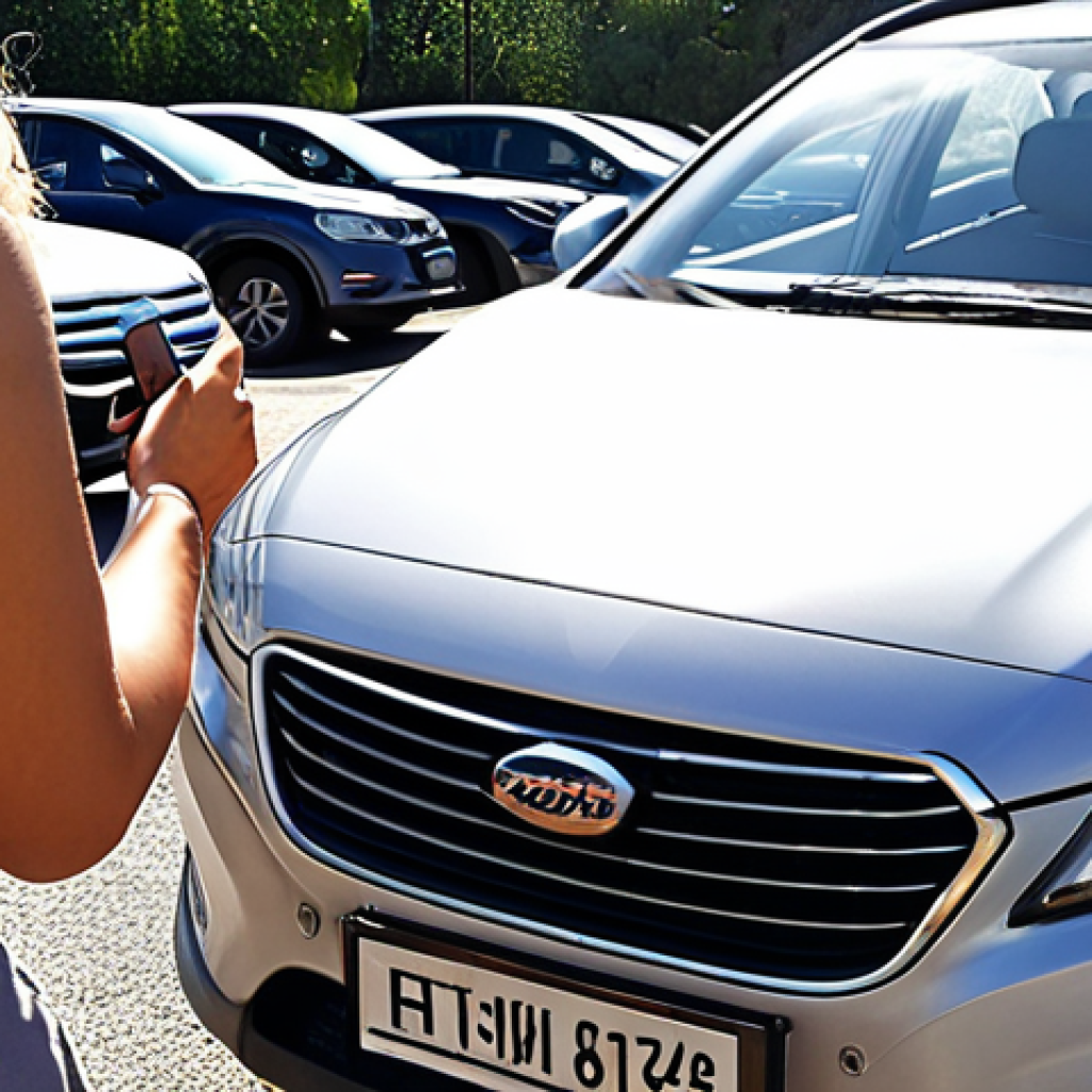 **
Prompt: *Car rental return inspection. A person meticulously inspecting a car exterior under bright daylight, checking for scratches and dents, holding a phone to take pictures, document checklist in hand, car parked in a rental return lot. Emphasis on detail and thoroughness.*
**