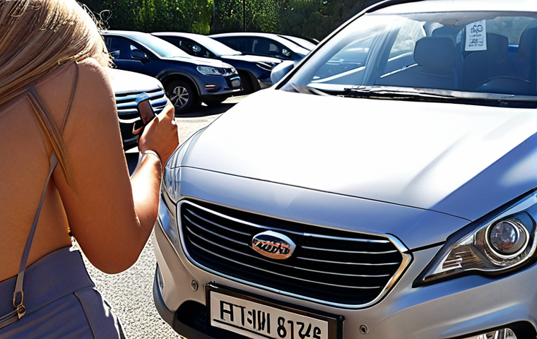 **

Prompt: *Car rental return inspection. A person meticulously inspecting a car exterior under bright daylight, checking for scratches and dents, holding a phone to take pictures, document checklist in hand, car parked in a rental return lot. Emphasis on detail and thoroughness.*

**