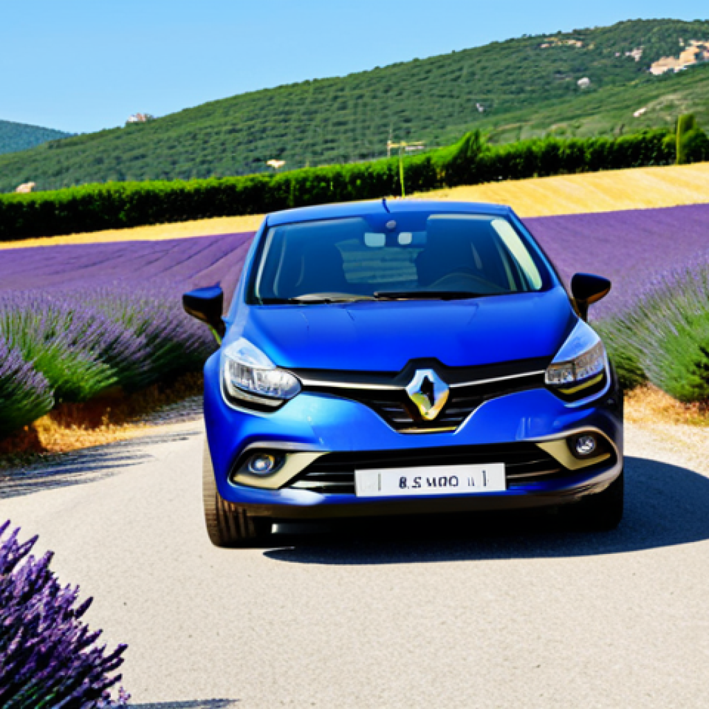 **

A French family, fully clothed in appropriate attire for travel, stands in front of a rented Renault Clio in Provence. The background shows a sunny landscape with lavender fields. The family smiles and looks happy. "safe for work," "appropriate content," "fully clothed," "family-friendly," "perfect anatomy," "correct proportions," "natural pose," "professional photography," "high quality."

**