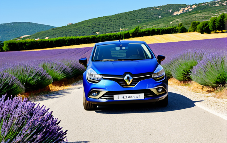 **

A French family, fully clothed in appropriate attire for travel, stands in front of a rented Renault Clio in Provence. The background shows a sunny landscape with lavender fields. The family smiles and looks happy. "safe for work," "appropriate content," "fully clothed," "family-friendly," "perfect anatomy," "correct proportions," "natural pose," "professional photography," "high quality."

**