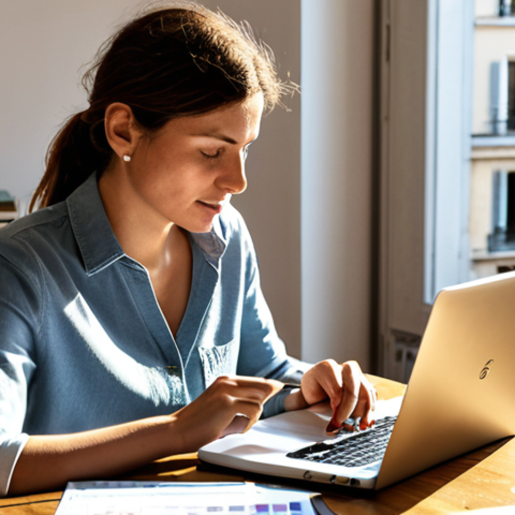 Budget Planning**
"A French woman, early 30s, wearing a casual but professional outfit (fully clothed, appropriate attire) sitting at a wooden table in her sunlit Parisian apartment. She is reviewing household bills and using a budgeting app on her laptop. Scattered around are Euros and a stylish French planner. Safe for work, family-friendly, perfect anatomy, natural pose, warm lighting, high quality."
**