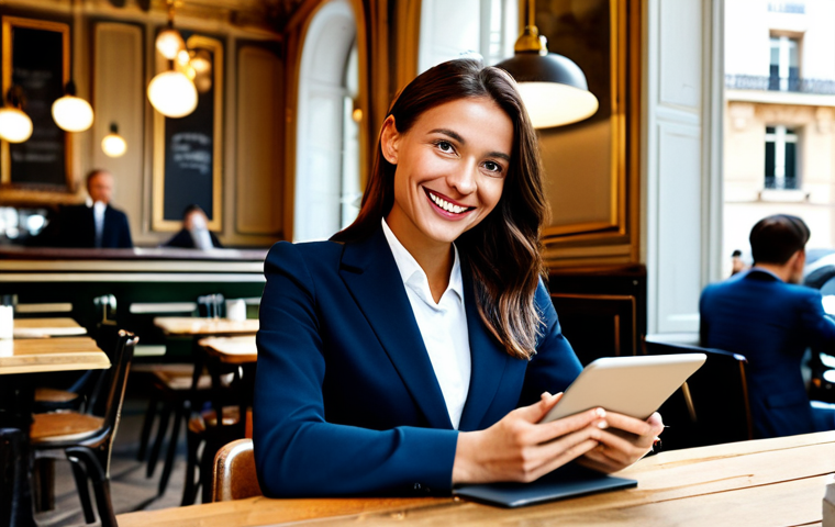 리스와 할부 세금 차이 - Businesswoman in a Parisian Cafe**

"A professional businesswoman, fully clothed in a stylish, tailo...