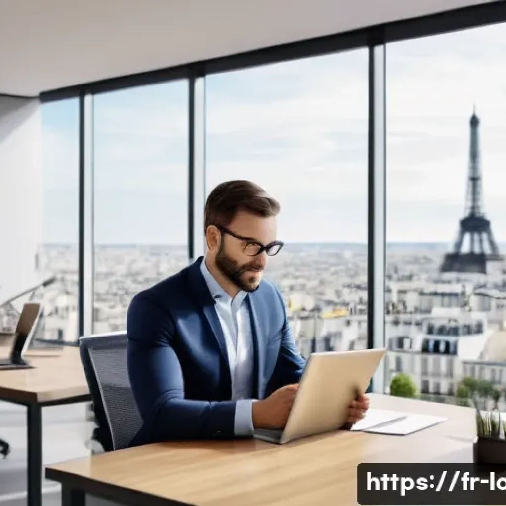 무보증 리스의 장점 - A modern French small business office environment showing a confident entrepreneur reviewing leasing...