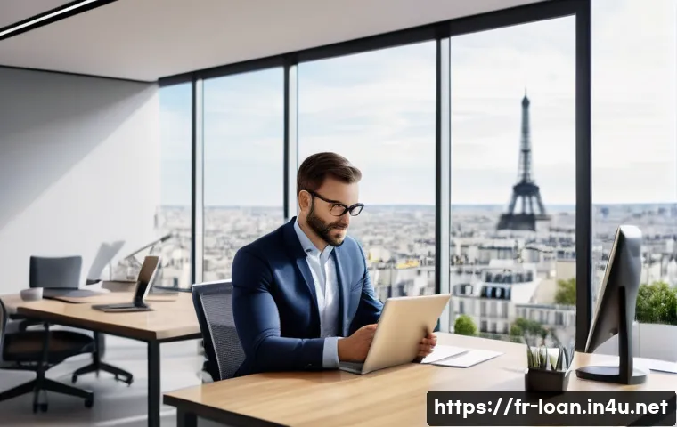 무보증 리스의 장점 - A modern French small business office environment showing a confident entrepreneur reviewing leasing...