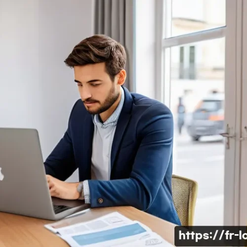 무직자 소액 대출 후기 - A professional French microcredit counselor sitting at a modern office desk with a laptop and paperw...