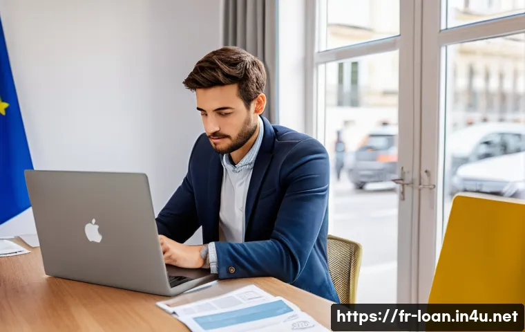 무직자 소액 대출 후기 - A professional French microcredit counselor sitting at a modern office desk with a laptop and paperw...