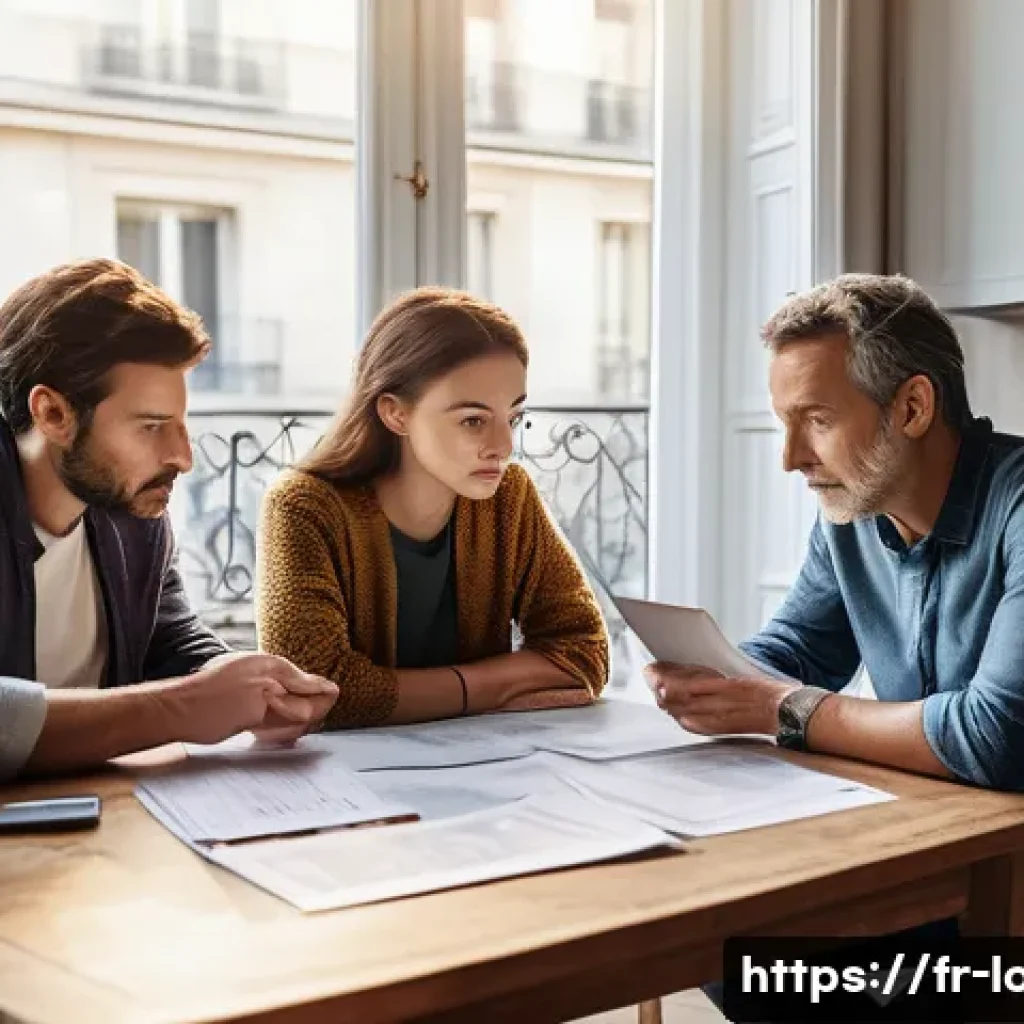 대출 금리 추이 확인 - A modern French family sitting at a kitchen table, reviewing their monthly budget and loan statement...