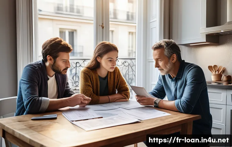 대출 금리 추이 확인 - A modern French family sitting at a kitchen table, reviewing their monthly budget and loan statement...