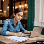 무직자 대출 가능한 곳 - A professional-looking young French freelance woman sitting at a cozy caf&eacute; table with a laptop and d...