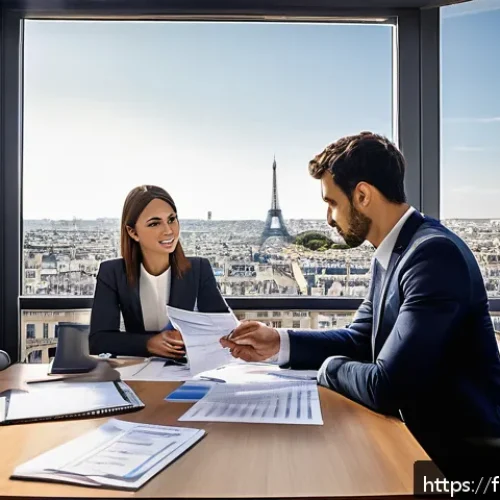 소상공인 대출 추천 - A modern French small business office scene featuring a young entrepreneur presenting a detailed bus...