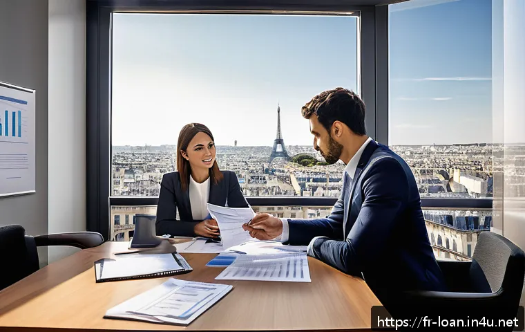 소상공인 대출 추천 - A modern French small business office scene featuring a young entrepreneur presenting a detailed bus...