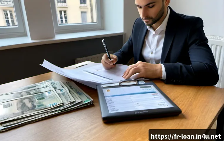 Home 16 사업자 대출 서류 준비 - Photorealistic French small business owner in a bright Paris-style office, neatly organizing blank f...