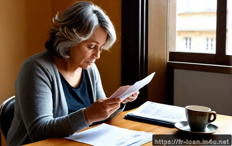 Home 16 캐피탈 대출 연체 시 대처 - Photorealistic French apartment kitchen table scene, worried middle-aged French woman in casual card...